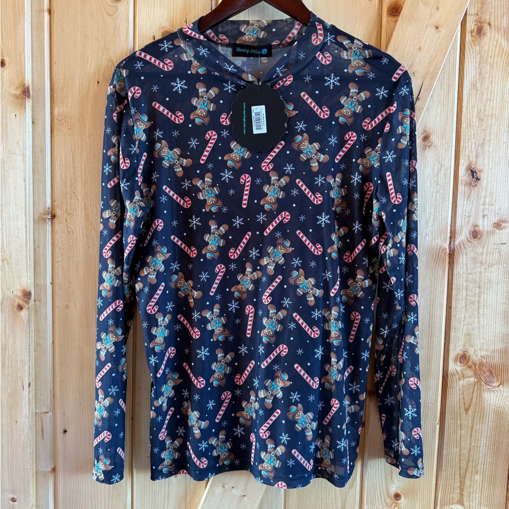 Festive Long Sleeve Shirt with Candy Cane, Gingerbread Man and Snowflake Print